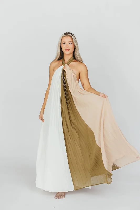 Midi dresses with V - necklines for a flattering and elongating effect Stevie Halter Color-Block Pleated Maxi Dress in Olive Multi Midi dresses with V - necklines for a flattering and elongating effect Stevie Halter Color-Block Pleated Maxi Dress in Olive Multi