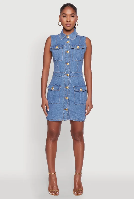 Metallic mini dresses for a glamorous event Daisy Sleeveless Button Front Denim Dress Metallic mini dresses for a glamorous event Daisy Sleeveless Button Front Denim Dress