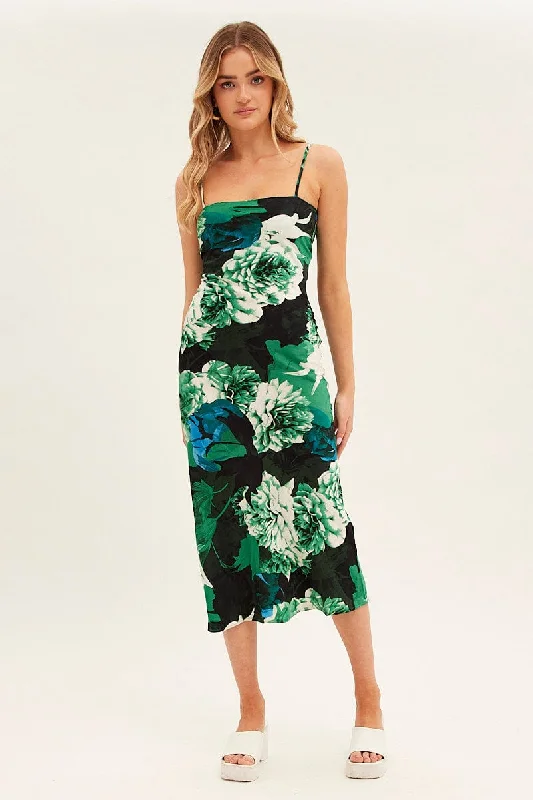 Midi dresses with cotton - blend materials for everyday comfort Green Floral Slip Dress Midi Strappy Back Floral Satin