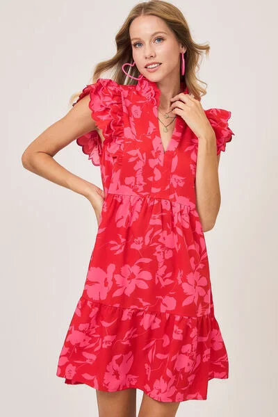 Mini dresses with abstract prints for an artistic look Full Size Two Tone Floral Print Ruffle Cap Sleeve Mini Dress Mini dresses with abstract prints for an artistic look Full Size Two Tone Floral Print Ruffle Cap Sleeve Mini Dress