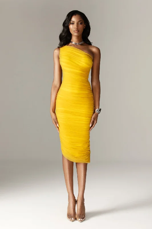 Midi dresses with wrap - around skirts for a customizable fit Natasha Ruched Organza Mesh Midi Dress (Yellow)