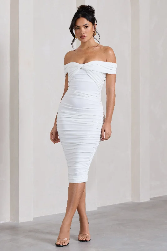 Plaid midi dresses for a fall - themed family gathering Gratitude | White Off The Shoulder Ruched Midi Dress