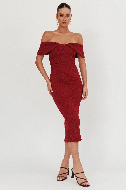 Midi dresses with button - front designs for a classic touch Lillianne Off-Shoulder Midi Dress Wine Midi dresses with button - front designs for a classic touch Lillianne Off-Shoulder Midi Dress Wine