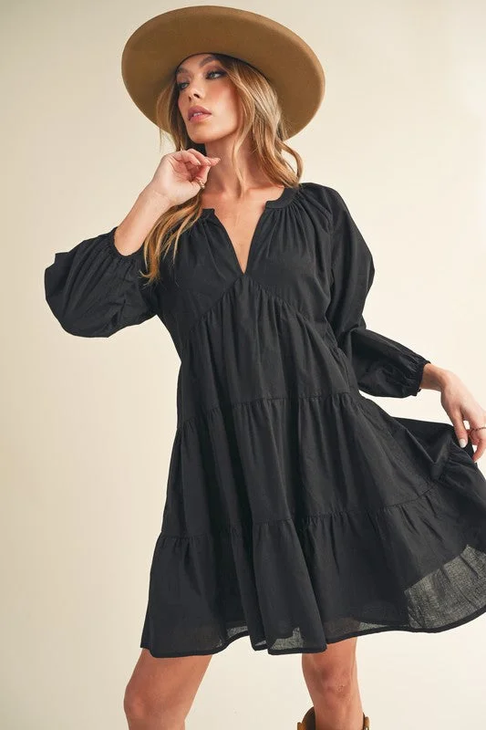 Mini dresses with belted waists for a defined silhouette Notched Balloon Sleeve Tiered Mini Dress