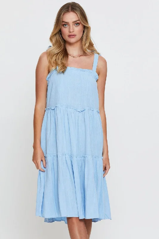 Maxi - inspired midi dresses with flowing fabrics for a beachy vibe Blue Midi Dress Sleeveless Tie Shoulder