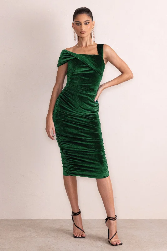 Midi dresses with sheer panels for a touch of allure Daniela | Bottle Green Velvet One Shoulder Ruched Midi Dress Midi dresses with sheer panels for a touch of allure Daniela | Bottle Green Velvet One Shoulder Ruched Midi Dress