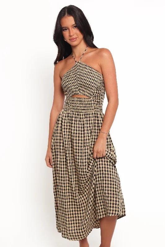 Midi dresses with gathered skirts for a full and flowing silhouette Alfia Midi Dress - Black Gingham Midi dresses with gathered skirts for a full and flowing silhouette Alfia Midi Dress - Black Gingham