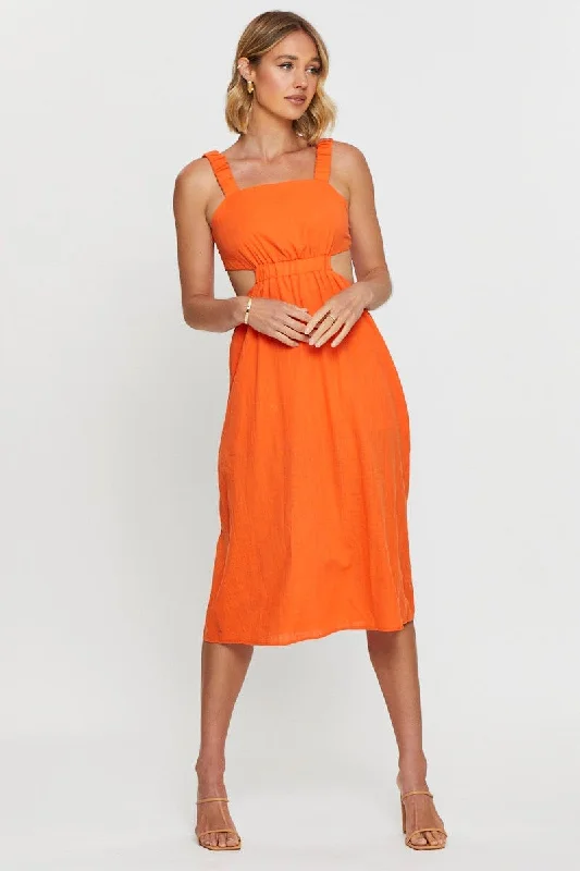 Midi dresses with puff sleeves for a vintage - inspired look Orange Midi Dress Sleeveless