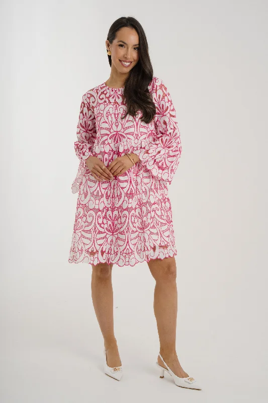 Mini dresses with spaghetti straps for a delicate look Elsa Embroidered Dress In Pink & White Mini dresses with spaghetti straps for a delicate look Elsa Embroidered Dress In Pink & White