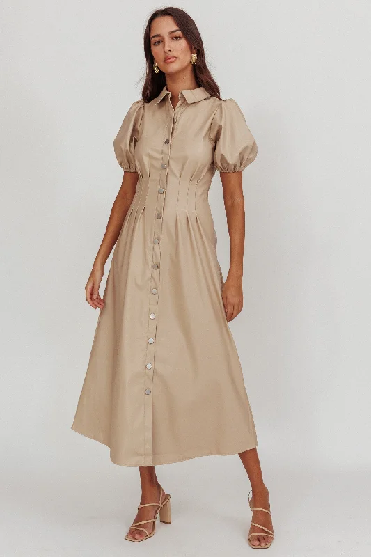 Midi dresses with ruffled sleeves for a more feminine and voluminous look Zurich A-line Puff Sleeve Midi Dress Nude Midi dresses with ruffled sleeves for a more feminine and voluminous look Zurich A-line Puff Sleeve Midi Dress Nude