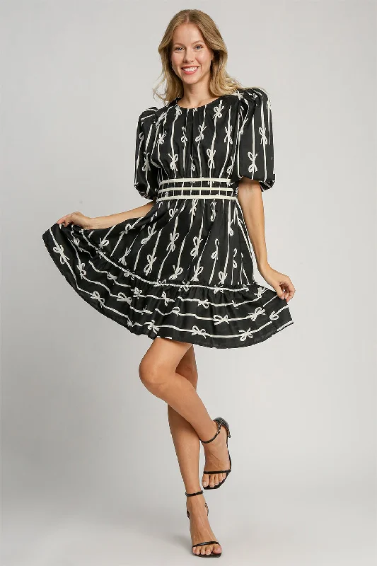Mini dresses with tassel accents for a fun touch Umgee Ribbon Print Frill Contrast Velvet Trim Half Sleeve Dress Mini dresses with tassel accents for a fun touch Umgee Ribbon Print Frill Contrast Velvet Trim Half Sleeve Dress