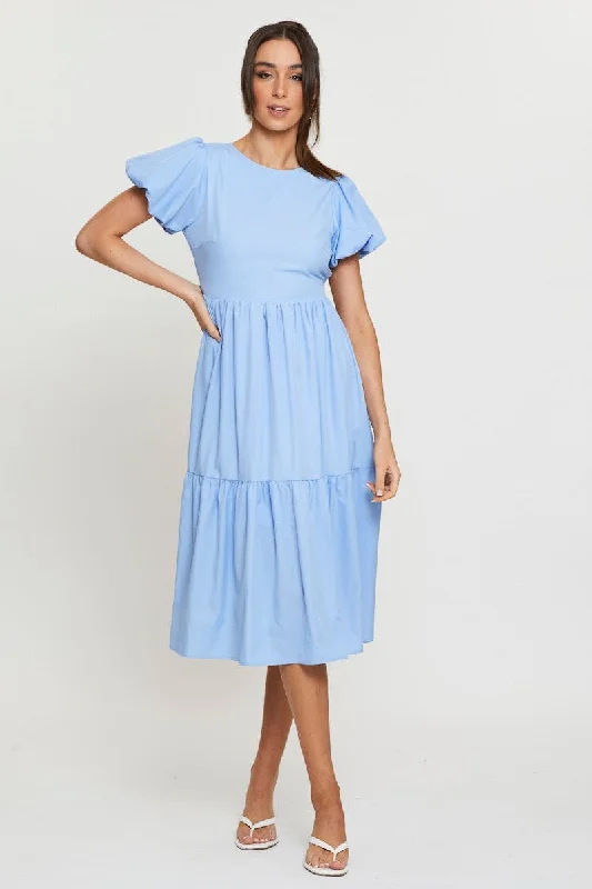 Midi dresses with ruched bodices for a feminine and fitted feel Blue Midi Dress Short Sleeve Round Neck Midi dresses with ruched bodices for a feminine and fitted feel Blue Midi Dress Short Sleeve Round Neck