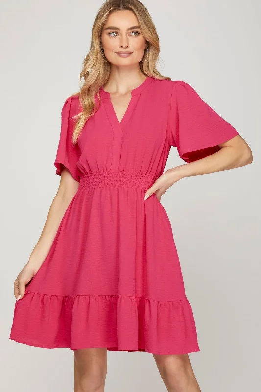Polyester mini dresses for easy care Ruffled Hem Notched Flutter Sleeve Mini Dress