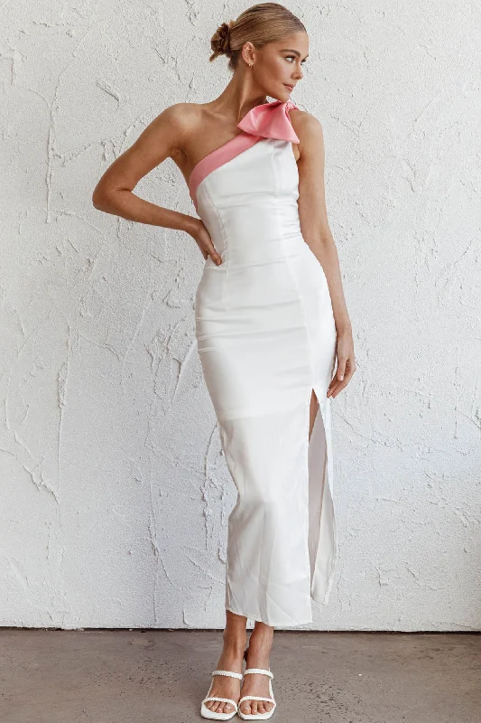 Midi dresses with button - front designs for a classic touch Sweetest Thing One-Shoulder Bow Maxi Dress White