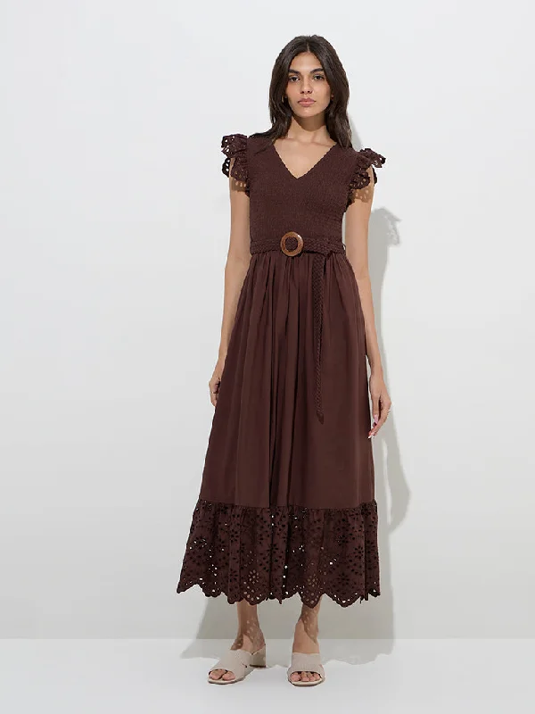 Mini dresses with tassel accents for a fun touch LOV Dark Brown Smocked Cotton A-Line Dress with Belt
