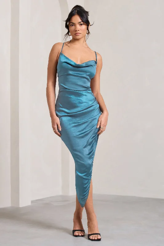 Midi dresses with sheer panels for a touch of allure Risk It All | Blue Cami Cowl Neck Asymmetric Hem Midi Dress