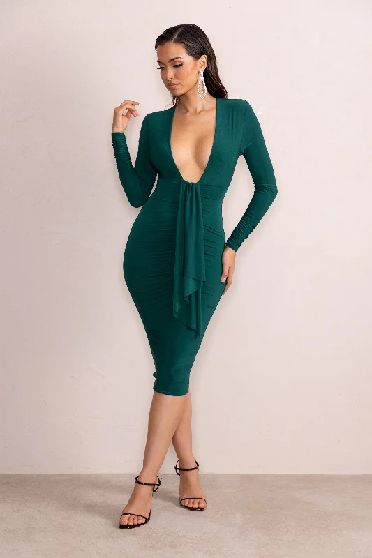 Midi dresses with abstract art prints for an artistic statement Inspirational | Bottle Green Plunge Neck Long Sleeves Ruched Midi Dress With Drape Detail Midi dresses with abstract art prints for an artistic statement Inspirational | Bottle Green Plunge Neck Long Sleeves Ruched Midi Dress With Drape Detail