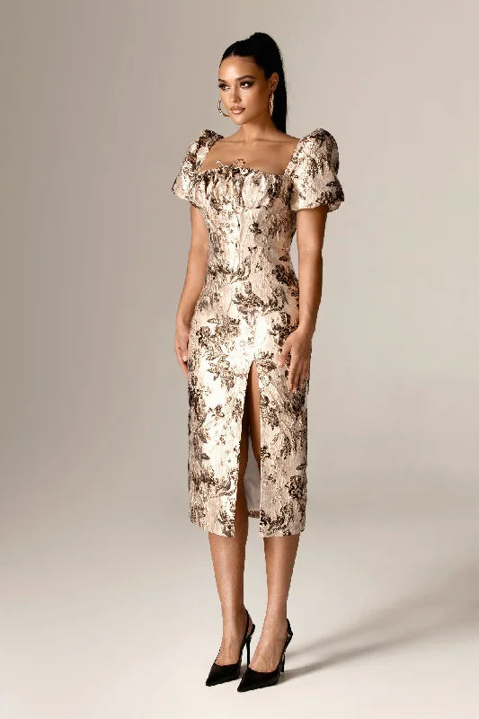 Midi dresses with ruffled hems for a romantic date night Neddra Jacquard Midi Dress (Gold Floral)