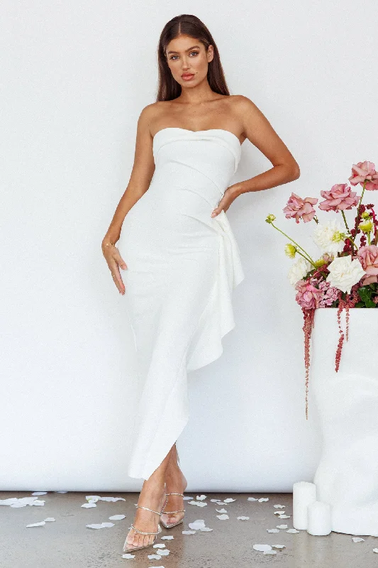 Midi dresses with empire waists for a flattering maternity option Sasha Cascade Ruffle Midi Dress White