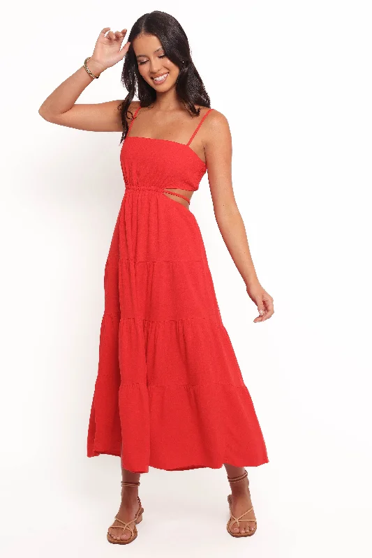 Sheath midi dresses with beaded embellishments for a formal occasion Indra Midi Dress - Red