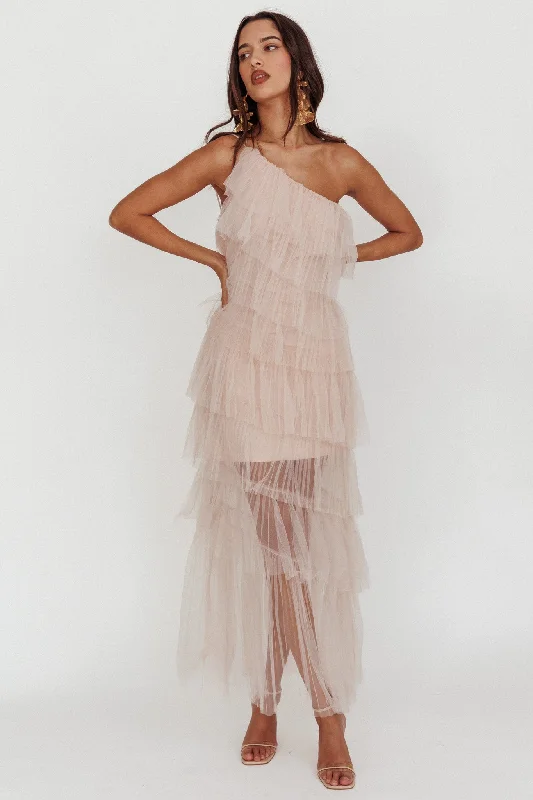 Midi dresses with V - necklines for a flattering and elongating effect Arrabel Tiered Ruffle Tulle Maxi Dress Blush Midi dresses with V - necklines for a flattering and elongating effect Arrabel Tiered Ruffle Tulle Maxi Dress Blush
