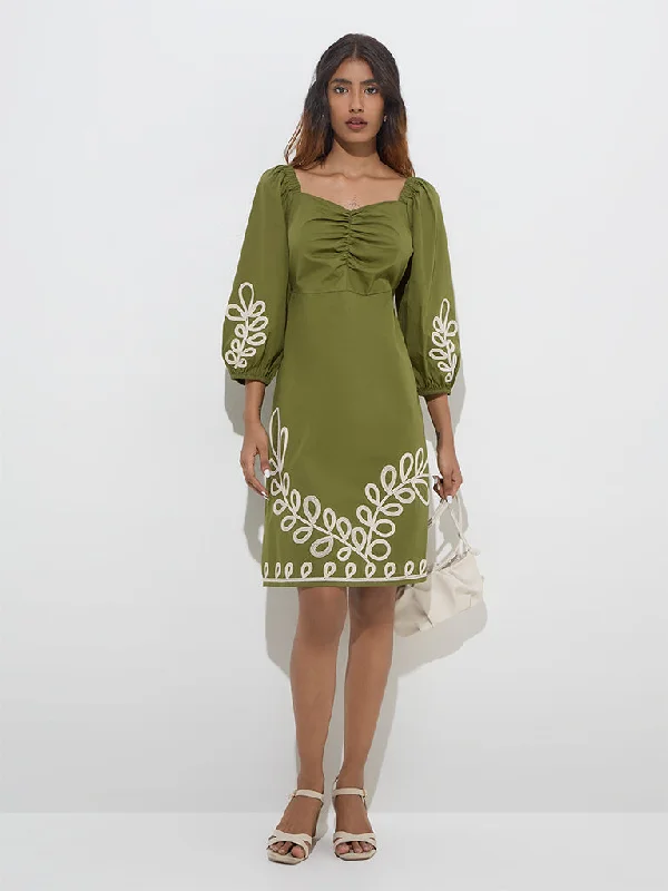 Ruffled mini dresses for a romantic touch LOV Olive Foliage Embroidered Cotton A-Line Dress Ruffled mini dresses for a romantic touch LOV Olive Foliage Embroidered Cotton A-Line Dress