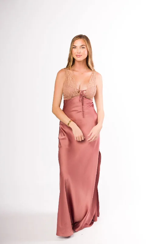 Midi dresses with ruffled sleeves for a more feminine and voluminous look Christina Lace & Satin Contrast Maxi Dress in Blushed Cashmere