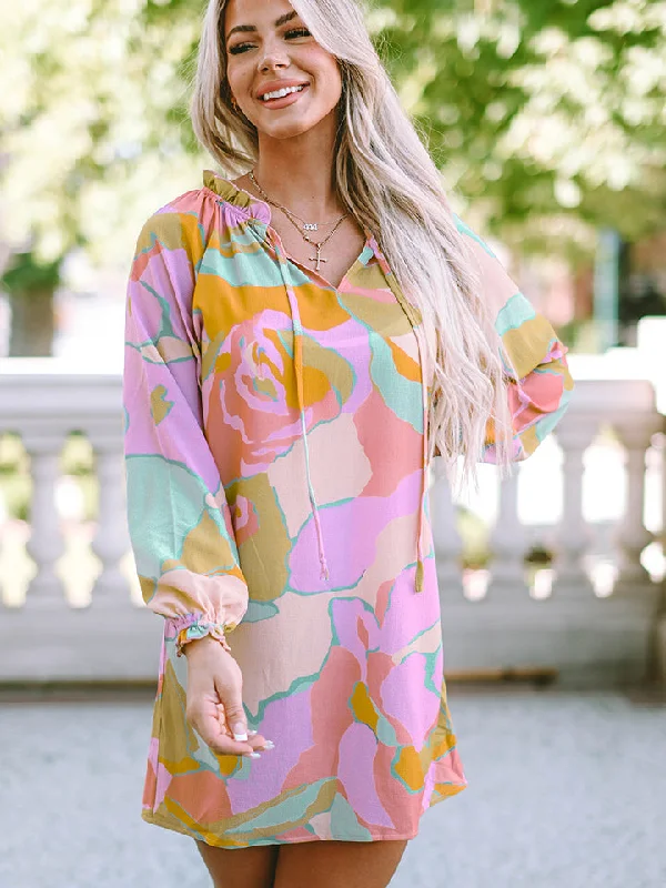 Mini dresses with V - necklines for a flattering shape Printed Tie Neck Long Sleeve Dress