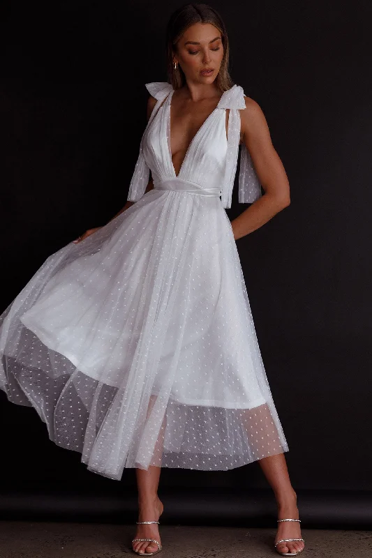 Midi dresses with fringe details for a fun and energetic style Kathryn Tied Shoulder Mesh Midi Dress White