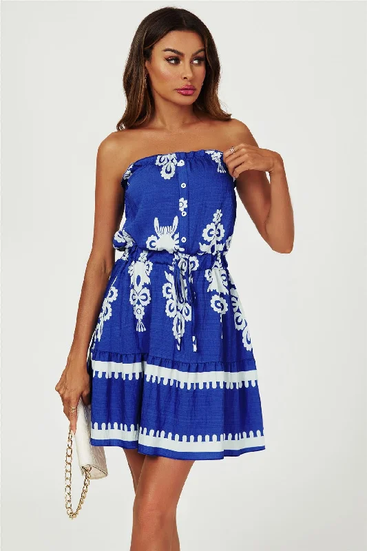 Mini dresses with beaded embellishments for a fancy event Printed Broderie Strapless Mini Dress In Blue Mini dresses with beaded embellishments for a fancy event Printed Broderie Strapless Mini Dress In Blue