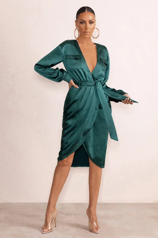 Midi dresses with tiered skirts for a bohemian festival look True Romance | Bottle Green Satin Plunge Neck Midi Dress With Belt Detail Midi dresses with tiered skirts for a bohemian festival look True Romance | Bottle Green Satin Plunge Neck Midi Dress With Belt Detail