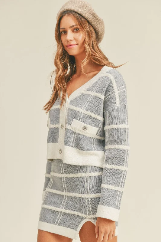Mini dresses with criss - cross backs for a flirty look MABLE Plaid Button Down Sweater Cardigan and Mini Skirt Set Mini dresses with criss - cross backs for a flirty look MABLE Plaid Button Down Sweater Cardigan and Mini Skirt Set