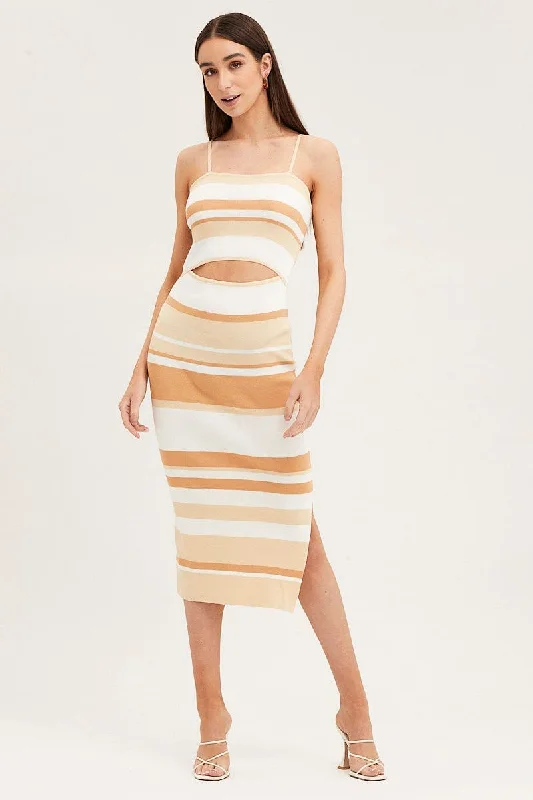 Midi dresses with fringe details for a fun and energetic style Stripe Midi Dress Sleeveless Cut Out Square Neck