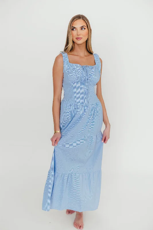 High - low midi dresses with geometric patterns for a modern party Katie 100% Cotton Maxi Dress in Blue Stripe