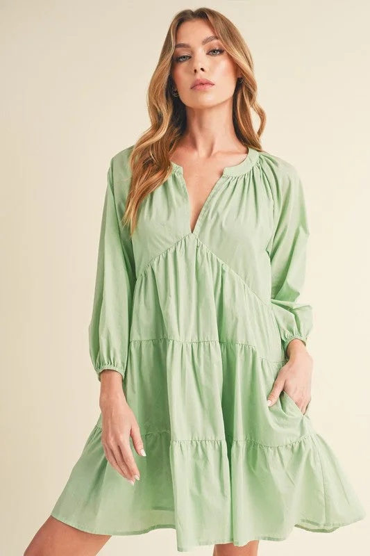 Printed mini dresses for a casual day out Notched Balloon Sleeve Tiered Mini Dress