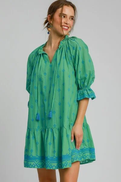 Mini dresses with pom - pom trims for a playful feel Full Size Tassel Embroidered Flounce Sleeve Mini Dress Mini dresses with pom - pom trims for a playful feel Full Size Tassel Embroidered Flounce Sleeve Mini Dress