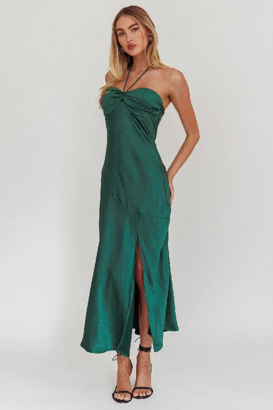Midi dresses with V - necklines for a flattering and elongating effect Kindred Spirit Strapless Gathered Bust Midi Dress Forest Green
