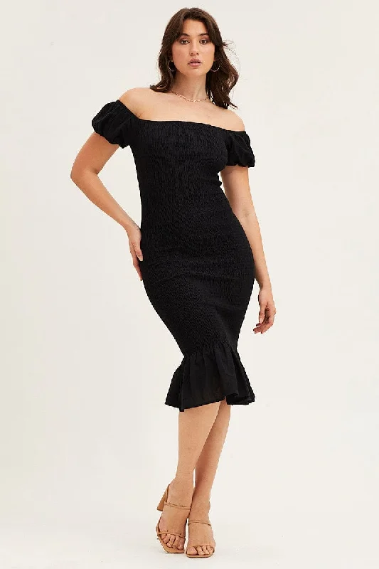 Sheath midi dresses with beaded embellishments for a formal occasion Black Shirred Midi Dress Sheath midi dresses with beaded embellishments for a formal occasion Black Shirred Midi Dress