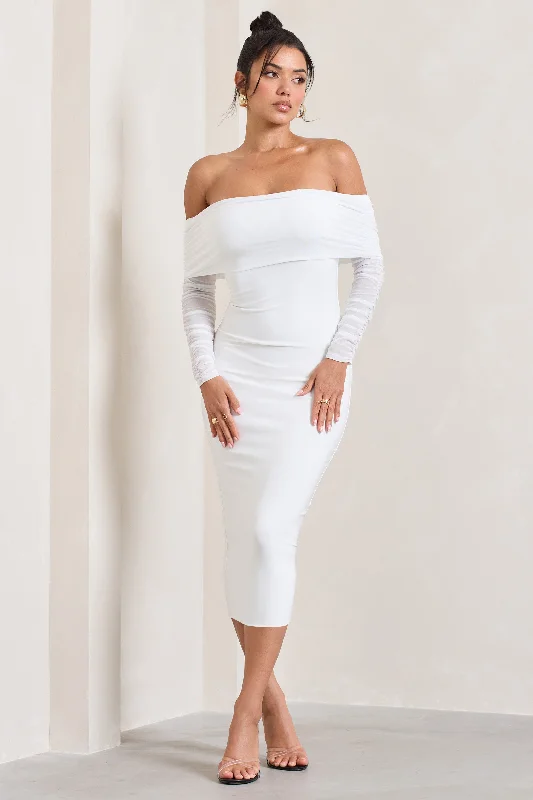 Midi dresses with ruffled hems for a romantic date night Only You | Ivory Ruched Mesh Bardot Midi Dress