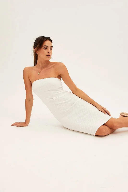 A - line midi dresses with floral prints for spring brunches White Ribbed Bodycon Dress Strapless
