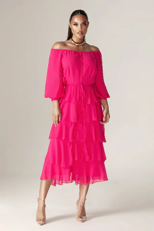 Midi dresses with mesh inserts for a trendy and breathable option Dorra Floral Chiffon Dress (Hot Pink)
