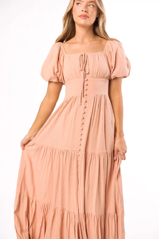 Midi dresses with pom - pom trims for a playful and festive look Genevieve Tiered Maxi Dress in Peach Clay