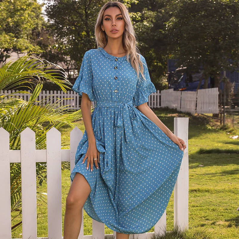 Wrap - style midi dresses in silk for a sophisticated office look KittenAlarm - Polka Dots Button Front Elastic Waist Self Tie Ruffled Dress