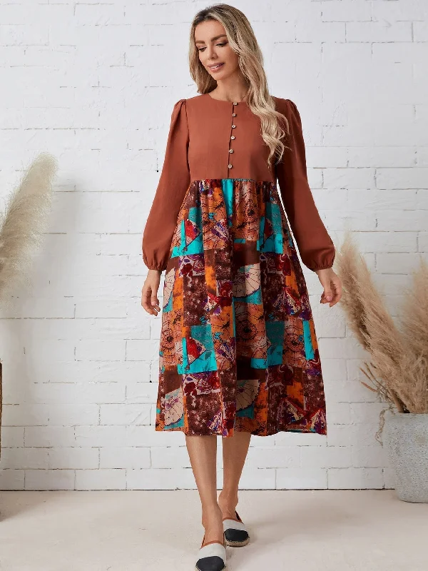 Midi dresses with patchwork patterns for a one - of - a - kind style KittenAlarm - Patch Work Print Dress