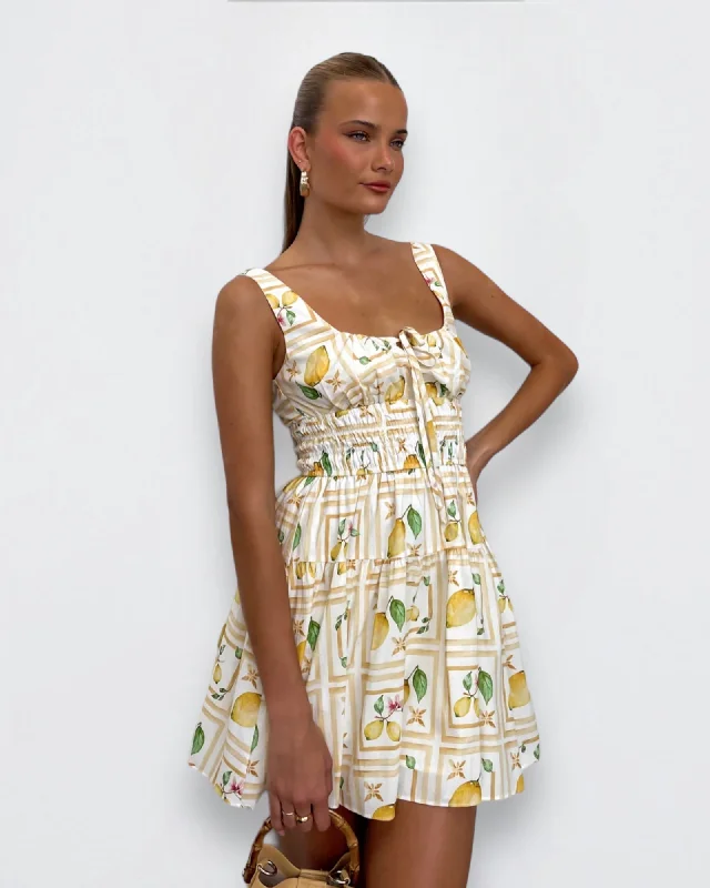 Mini dresses with tassel accents for a fun touch HELENA DRESS -LEMON PRINT