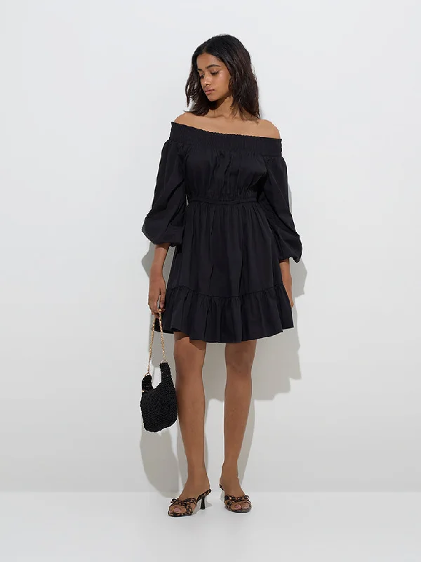 Leather mini dresses for a edgy style LOV Black Off-Shoulder A-Line Dress
