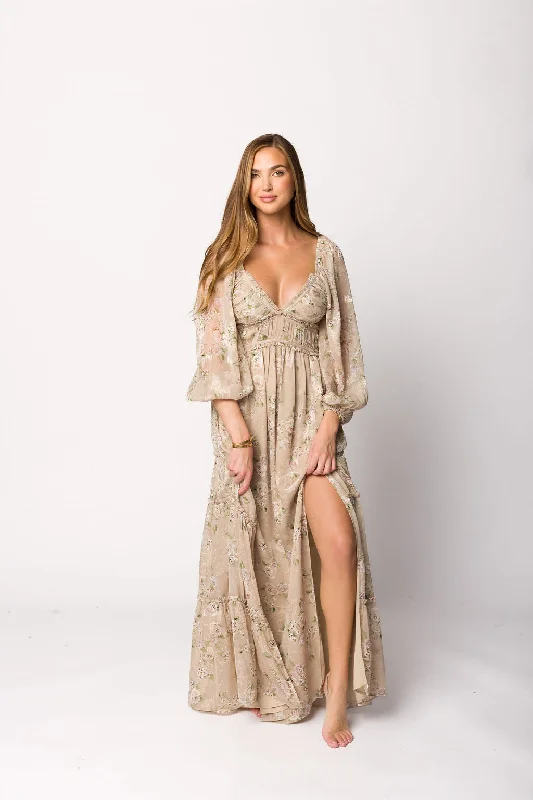 Midi dresses with ruffled hems for a romantic date night Daphne Long Sleeve Maxi Dress in Beige Multi Floral - Bump Friendly & Inclusive Sizing (XS-3XL) Midi dresses with ruffled hems for a romantic date night Daphne Long Sleeve Maxi Dress in Beige Multi Floral - Bump Friendly & Inclusive Sizing (XS-3XL)
