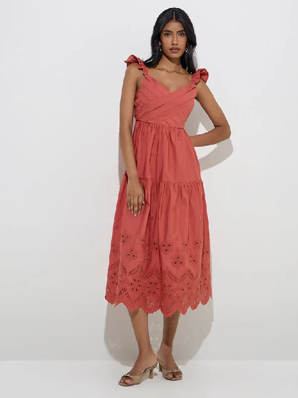 Mini dresses with geometric prints for a modern aesthetic LOV Rust Schiffli Detailed Cotton Tiered Dress