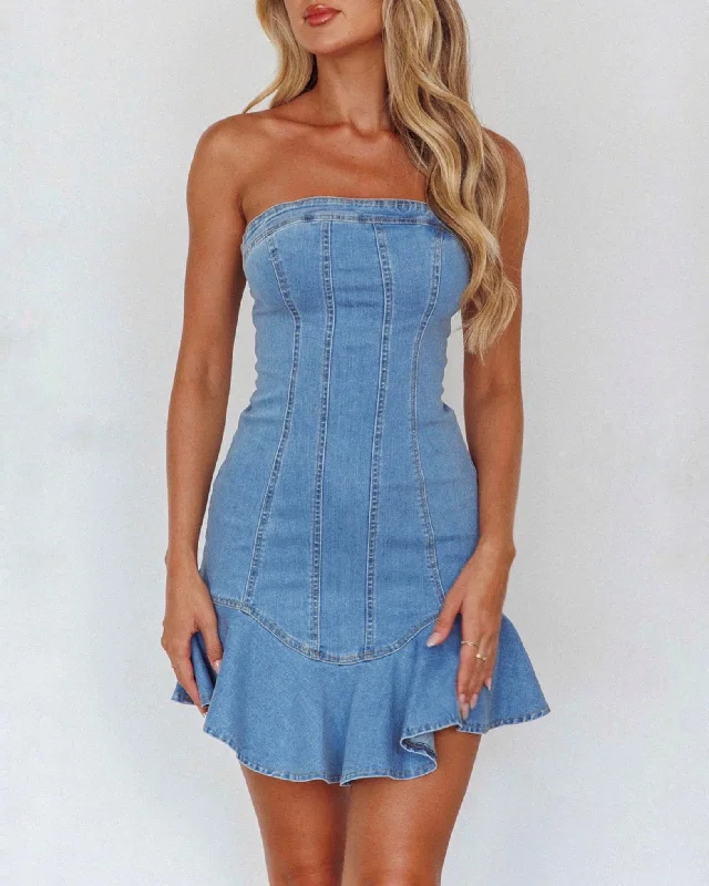 Mini dresses with puff sleeves for a vintage look CALI MINI DRESS -DENIM