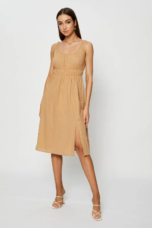 Midi dresses with bow accents for a sweet and charming look Beige Midi Dress Sleeveless